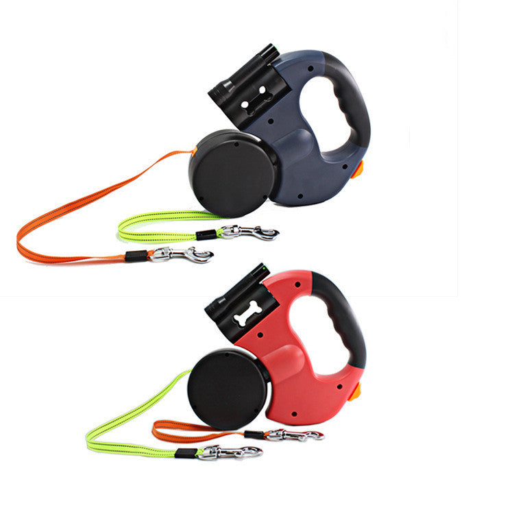 Dual Headed Pet Leashes with Flashlight Garbage Bag Box Automatic Retractable Dogs Traction Rope