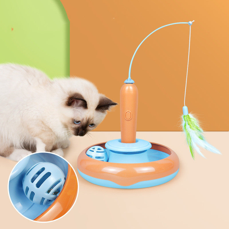 2-in-1 Cat Turntable Toy with Feather - Interactive Self-Play Toy for Cats