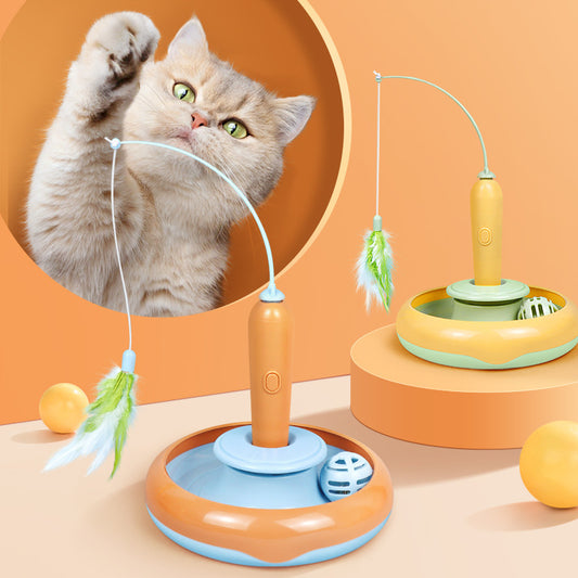 2-in-1 Cat Turntable Toy with Feather - Interactive Self-Play Toy for Cats